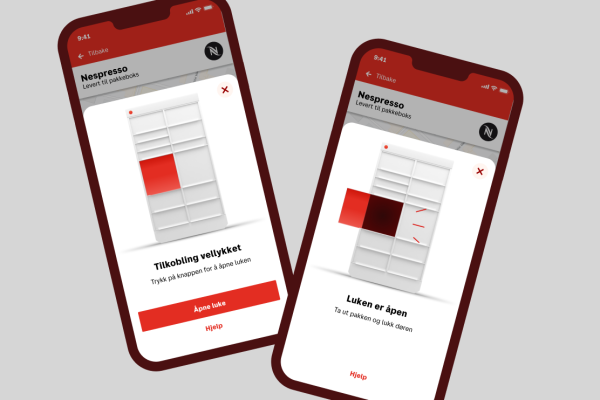 Skjermbilder av Posten-appen viser åpning av luke i Pakkeboks.