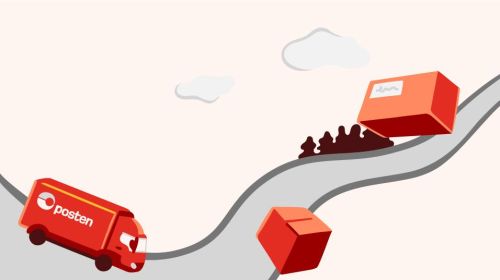 Illustration of a Posten truck on a road with parcels in the air.