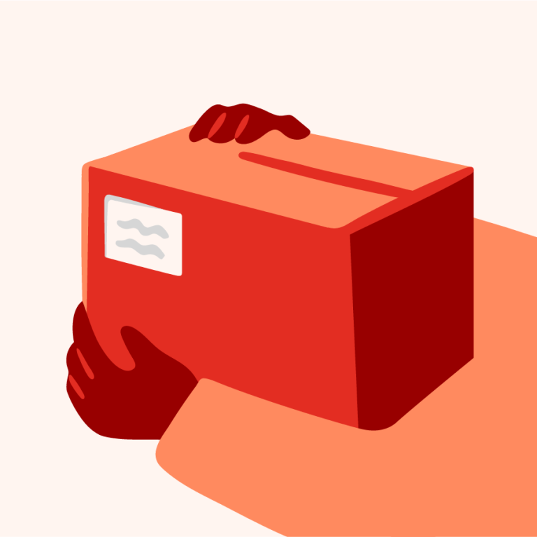 Illustrasjon av rød pakke som holdes av to hender.